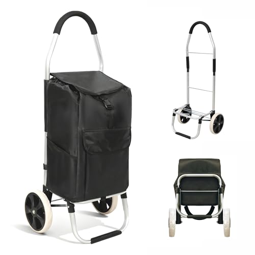 Foldable Utility Cart, 40L Rolling Shopping Cart with Wheels, Waterproof Removable Bag, Collapsible Trolley for Groceries Office Laundry Craft Show Travel (Black-2 Wheels) - color: 2 Wheels / Black