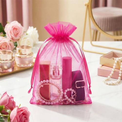 FUNFERY 100Pcs Hot Pink Organza Bags 5x7 in,Small Mesh Drawstring Gift Bag - color: Classic Hot Pink