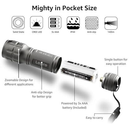Lepro LED White Light Flashlight, High Lumens Waterproof Adjustable Focus - color: Gray