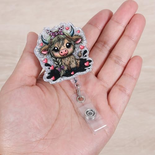Funny Bow Highland Cow Nurse Badge Reel, Cute Retractable ID Badge Holder - color: Highland Cow