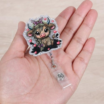 Funny Bow Highland Cow Nurse Badge Reel, Cute Retractable ID Badge Holder - color: Highland Cow