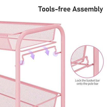 TOOLF 3 Tier Rolling Cart, Metal Utility Storage Cart with Wheels, Pink - color: Pink, size: 3-Tier