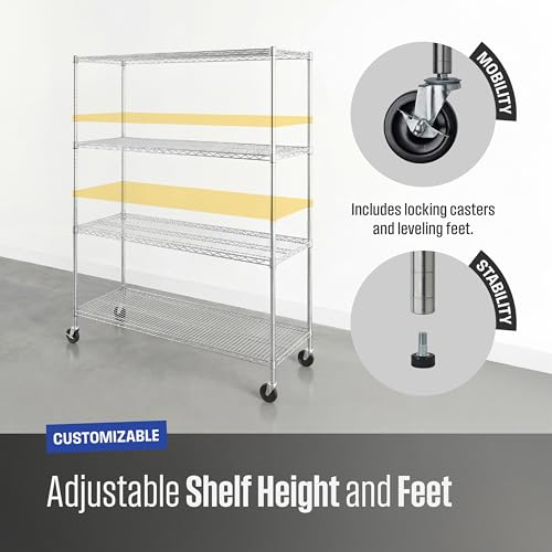 SafeRacks NSF 4-Tier Heavy Duty Steel Wire Rack w/Wheels (18"x60"x72") - color: Silver, size: 18"x60"x72" 4-Tier