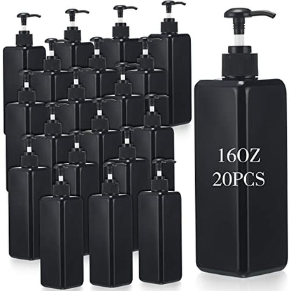 20 Pack 16oz/ 500ml Plastic Empty Bottles Refillable Shampoo Containers with Pump Lightweight Square Soap Dispenser Bottles for Essential Lotions, Shampoos, Conditioner, Massage Oil (Black) - color: Black