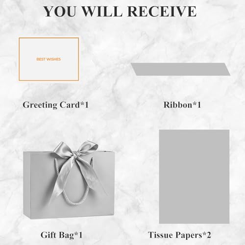Mifferer Large Gift Bag, 1 Pcs Paper Gift Bag for Presents with 2 Wrappers and 1 Card, Gift Wrapping Bag with Handles for Women Men Birthday Wedding Party, 32 * 25 * 11 cm - color: Gray