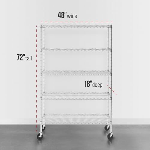 SafeRacks NSF 5-Tier Heavy Duty Wire Shelving Unit w/Wheels, 18"x48"x72" - color: Silver, size: 18"x48"x72" 5-Tier