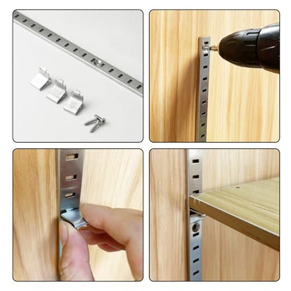 20 Sets 17 Inch Pilaster Shelf Brackets, Adjustable Mortise Mount Shelf Rails with 3 Pilaster Clips and Screws for Wall Shelving System