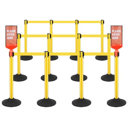 ECOSlGNS 12 Pack Stanchions with 10ft Retractable Belts - Yellow Stanchion Posts Set Crowd Control Barriers Line Dividers with Weighted Rubber Base & Sign Holders for Queue Management - color: Yellow, size: Round Base - 12 Pack