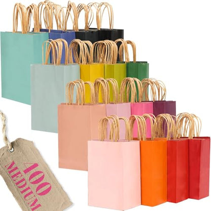 qiqee 400Pcs Medium Size Paper Gift Bags with Handles - 10.6"x8.3"x4.3" Kraft Party Bags - 16 Solid Colors - size: 1 Count (Pack of 400)