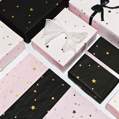 Tissue Paper, Metallic Moon and Star Gift Wrapping Tissue Paper for Gift Bags Bouquets, Chic Pink Black Packaging Materials for Birthday, Christmas Holiday DIY Art Projects,30 Sheets 20x14in - color: Black Pink 30P