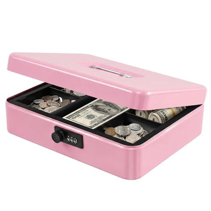 Flexzion Metal Cash Box with Combination Lock - 5-Compartment Petty Cash Box with Money Tray and Lock for Small Business - Removable Money Tray for Bills, Checks & Coins, 11.8"x 9.4"x 3.5", Pink - color: Pink