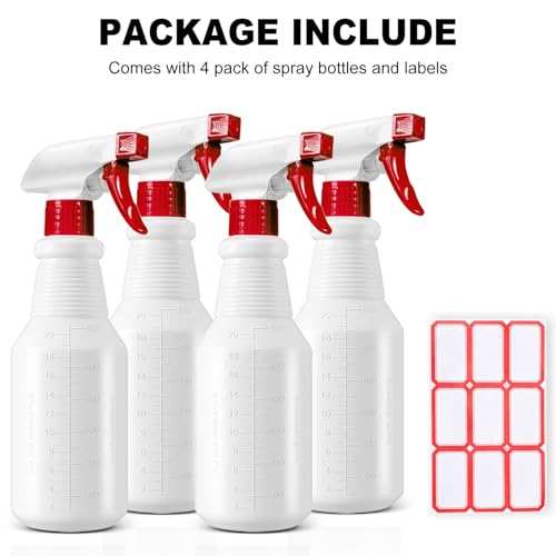Plastic Spray Bottles 4 Pack, 24 Oz, Mist & Stream, Heavy Duty HDPE Sprayer Bottle, Leak Proof Empty Spraying Water Bottle for Cleaning Solutions, Planting, Car Detail, Pet Training with Measurement