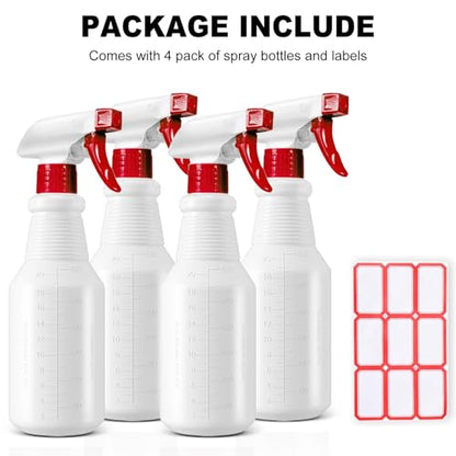 Plastic Spray Bottles 4 Pack, 24 Oz, Mist & Stream, Heavy Duty HDPE Sprayer Bottle, Leak Proof Empty Spraying Water Bottle for Cleaning Solutions, Planting, Car Detail, Pet Training with Measurement
