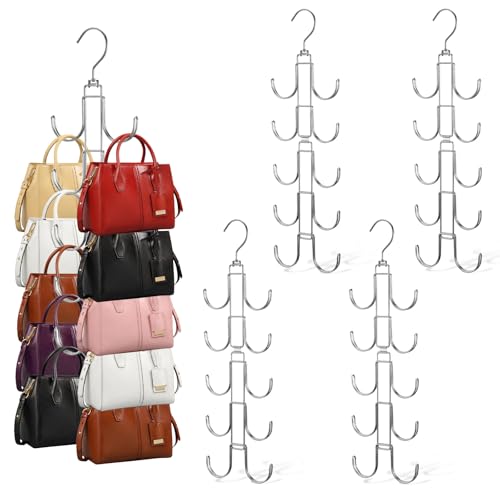 4 Pack Purse Organizer for Closet, Purse Hanger with 10 Big Hooks, 360 Degree Rotation Bag Holder for Organizer&Display, Foldable Space Saving Hangers Rack for Handbag, Belt, Scarf, Tie