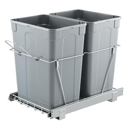 VEVOR Pullout Trash Can for Kitchen Cabinets, 35 QT x2 Double Under Sink Garbage Waste Recycling Bin, Under Mount Waste Container, with Heavy Duty Metal Full Extension Sliding System and Handle Grey - size: 70QT(35QTx2)