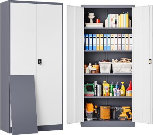 SISESOL Storage Cabinet with Doors and Shelves,71" Metal Storage Cabinet with Lock Door Adjustable Shelf, Steel Lockers for Office, Home,School,Kitchen,Garage Tool Utility Cabinet - color: Gray White, size: 71"H x 31.5"W x 16"D-B