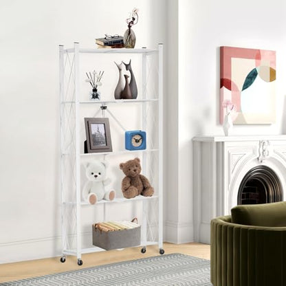 5-Tier Folding Shelf with Wheels No Assembly Portable Shelves - color: White, size: 5 Tier