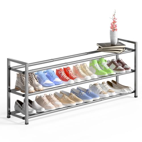Bumusty 3 Tier Long Expandable Shoe Rack for Closet, Light Grey - color: Light Grey, size: 3-tier