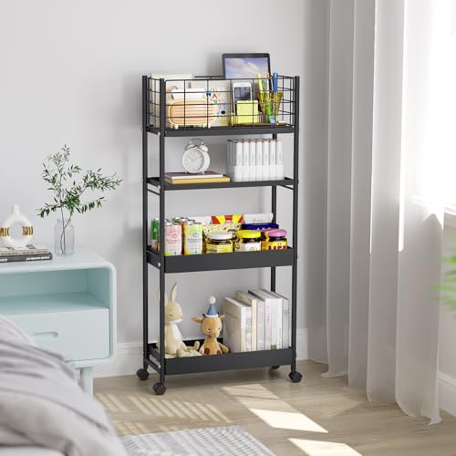 KINGRACK 4 Tier Slim Rolling Cart, Metal Utility Storage Cart with Wheels - color: Black, size: 4-Tier