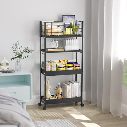 KINGRACK 4 Tier Slim Rolling Cart, Metal Utility Storage Cart with Wheels - color: Black, size: 4-Tier