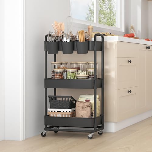 JIUYOTREE 3-Tier Plastic Rolling Storage Cart Utility Cart Black - color: Black, size: 3-Tier