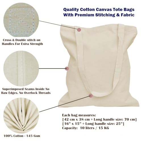 5|6|12|24 Pack Cotton Canvas Tote Bags, Reusable Shopping Grocery Bag, 16”x15” Blank Bulk Cloth Bags for DIY & Promo - color: 01 Natural