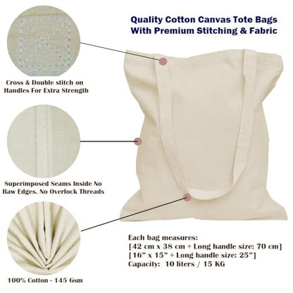5|6|12|24 Pack Cotton Canvas Tote Bags, Reusable Shopping Grocery Bag, 16”x15” Blank Bulk Cloth Bags for DIY & Promo - color: 01 Natural