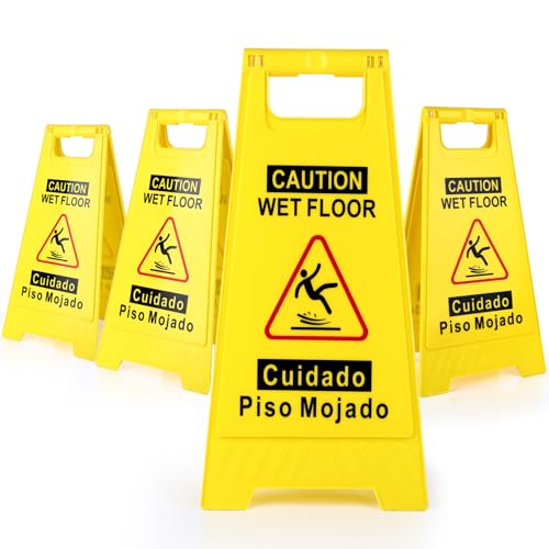 4-Pack Caution Wet Floor Sign,17.5" Height,Bright Yellow Double-Sided Folding A-Shaped Frame Design, Bilingual Caution Message - color: 4PACK Yellow