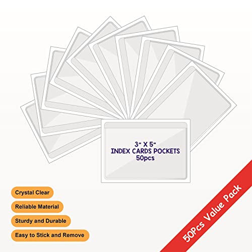 IMAGAME Clear Adhesive 3" x 5" Index Card Pockets, Labels Holders, 50 Pack - size: 3-5/8" x 5-1/4" for 3" x 5" Index Cards