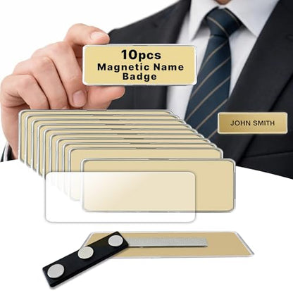 CiLoN 10 Pack DIY Reusable Magnetic Name Badge Holder + Clear Acrylic Cover - color: Gold, size: 1" x 3"
