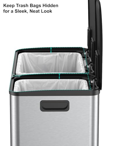 Dual Trash and Recycling Bins for Kitchen, 19+8 Gallon (72+30L) Stainless Steel Trash and Recycle Bin Combo with Soft-Close Lid, Large Garbage Cans for Kitchen Home with 2 Magnets Sticker, Silver - color: Silver
