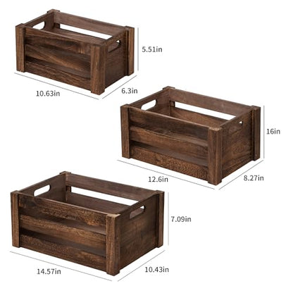 Set of 3 Nesting Wooden Crates, Small Rustic Farmhouse Wood Storage Boxes with Handles, Stackable Compact Organizer Bins for Kitchen Bathroom Bedroom Decor, 3 Sizes (Retro Brown)