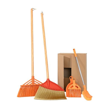 Bathroom Cleaning Broom Set, 4-Piece Broom and Dustpan Set with Long & Short Handle Brooms – Stiff Floor Broom, Angle Broom & Toilet Scrub Brush – Cleaning Tools for Bathroom & Kitchen