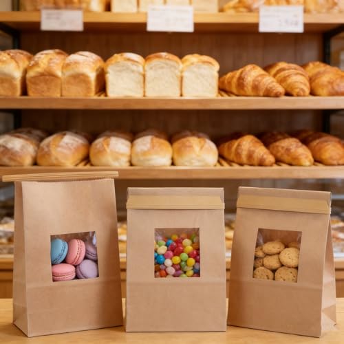 Yopay 100 Pack Kraft Paper Cookie Bags, Reusable Bakery Bread Bags with Window, Tin Tie Tab Lock Coffee Bags, 9.4 x 5.9 x 2.8 Inch Snack Bag for Cookies, Treats, Coffee Beans