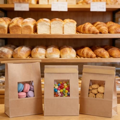 Yopay 100 Pack Kraft Paper Cookie Bags, Reusable Bakery Bread Bags with Window, Tin Tie Tab Lock Coffee Bags, 9.4 x 5.9 x 2.8 Inch Snack Bag for Cookies, Treats, Coffee Beans