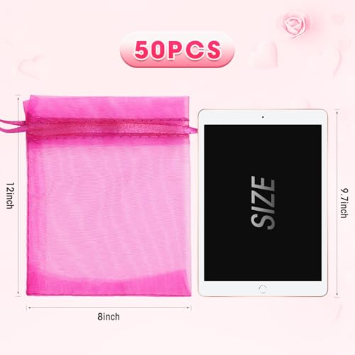ANZNKU 50 Pcs Large Organza Bags 8x12, Small Mesh Gift Bag Drawstring Bulk - color: Hot Pink