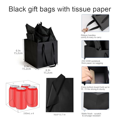 Papertide 12 Pack 6x6x6 inch Black Square Gift Bags with Tissue Ppaper - color: Black