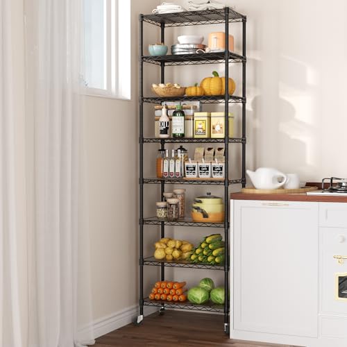 SINGAYE 8 Shelves Storage Wire Shelf Closet Metal Shelving Pantry Wheels - color: Black, size: 8Tier/12"D X 22"W X 74"H