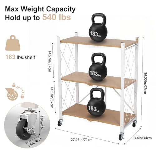 Hershii 3-Tier Foldable Storage Shelves with Wheels Heavy Duty Metal Shelf - size: 3-Tier (35.2 X 27.5 X 13.38 IN)