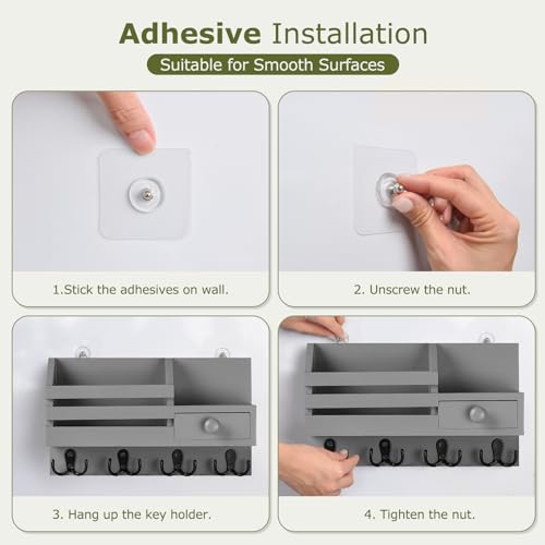 Key Holder Wall Mount, Wooden Key and Mail Organizer, Gray - color: Gray