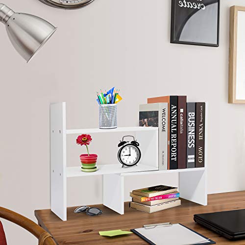 Hossejoy Wood Adjustable Desktop Storage Organizer Display Shelf Rack, Office Supplies Desk Organizer,White - color: White