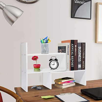 Hossejoy Wood Adjustable Desktop Storage Organizer Display Shelf Rack, Office Supplies Desk Organizer,White - color: White