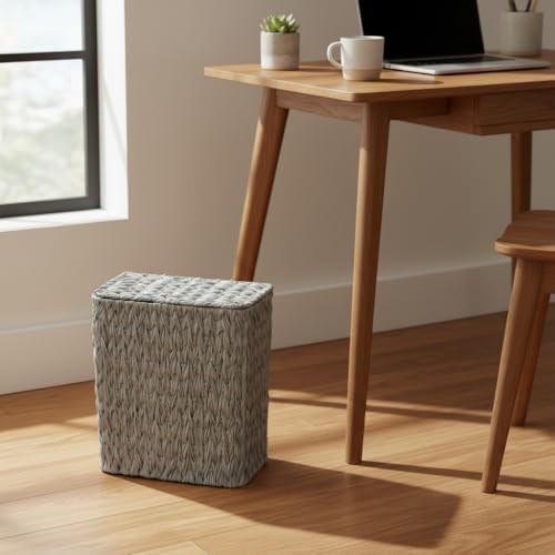 Coeusy Wicker Trash Can with Lid & Liner, Small Bathroom Waste Basket, Grey - color: grey