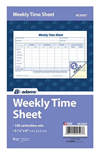 Adams Time Sheet, 9 x 5.5 Inch, Weekly Format, 2-Part, Carbonless, 100-Pack, White, Canary (NC9507)