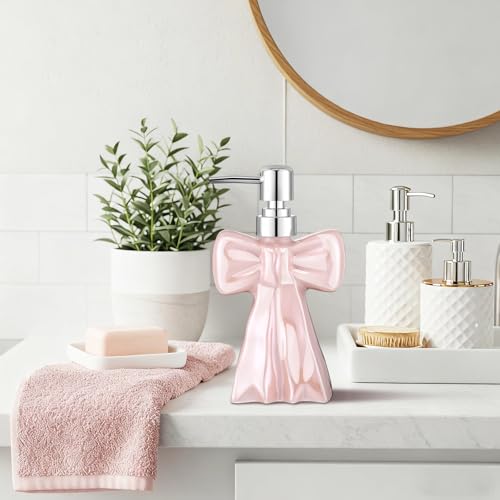 AceOrbit Ceramic Pink Bow Soap Pump Dispenser Hand Lotion Liquid Dispenser
