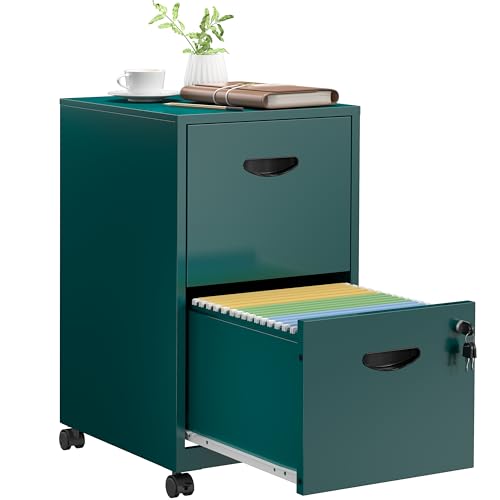 SteeLoong 2 Drawer File Cabinet,Metal Mobile File Cabinet with Lock Green - color: Green, style: 2 Drawer on Wheels