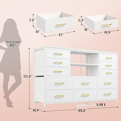 EnHomee Dresser for Bedroom with LED Lights & Charging Station - color: White