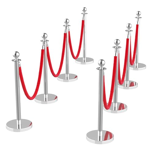 8Pcs Stanchions and Velvet Ropes, Silver Stanchions with Retractable Belts, Crowd Control Barriers with Hollow Base, Red Carpet Ropes and Posts for Event & Party Supplies