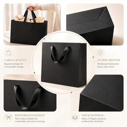 Offizon 12PCS Black Gift Bags with Stripe Tissue Small Bag 22x10x18cm - color: Small-Black3-12PCS
