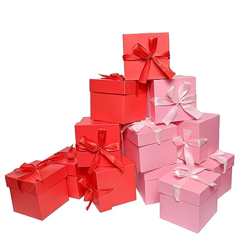 Gift Box with Lid & Ribbon for present, 12pcs, Pink & Red, 4"×4"×4" - color: Pink & Red, size: 4 x 4 x 4 Inch